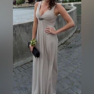 BCBGMaxAzria Taupe Sleeveless V-Neck Maxi Dress with Embellished Empire Waist